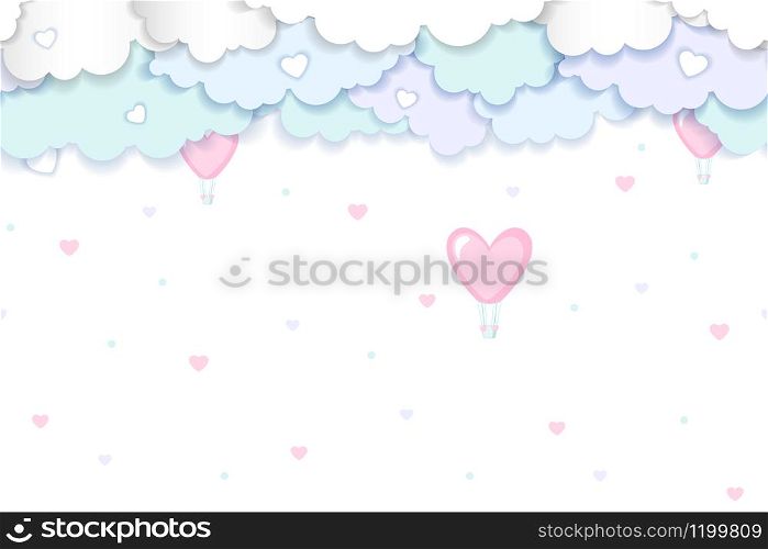 Valentines Day background with clouds and balloons in shape of heart in paper art style . Vector illustration. Valentines Day vector background with clouds and balloons in shape of heart in paper art style .