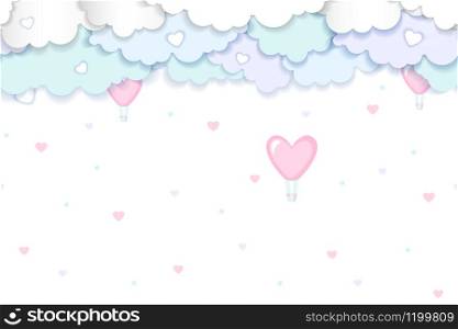 Valentines Day background with clouds and balloons in shape of heart in paper art style . Vector illustration. Valentines Day vector background with clouds and balloons in shape of heart in paper art style .