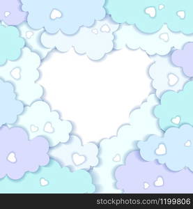 Valentines Day background with clouds in shape of heart in paper art style . Vector illustration. Valentines Day vector background with clouds in shape of heart in paper art style .