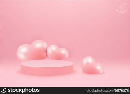 Valentines Day background with pink heart shaped balloons and podium. Holiday banner illustration on pink background. Valentines day festive heart shaped decoration. Valentines Day background with pink heart shaped balloons and podium. Holiday banner illustration on pink background