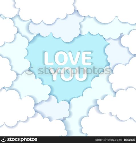 Valentines Day background with white clouds in shape of heart in paper art style . Vector illustration. Valentines Day vector background with white clouds in shape of heart in paper art style .