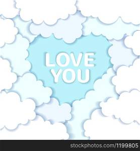 Valentines Day background with white clouds in shape of heart in paper art style . Vector illustration. Valentines Day vector background with white clouds in shape of heart in paper art style .