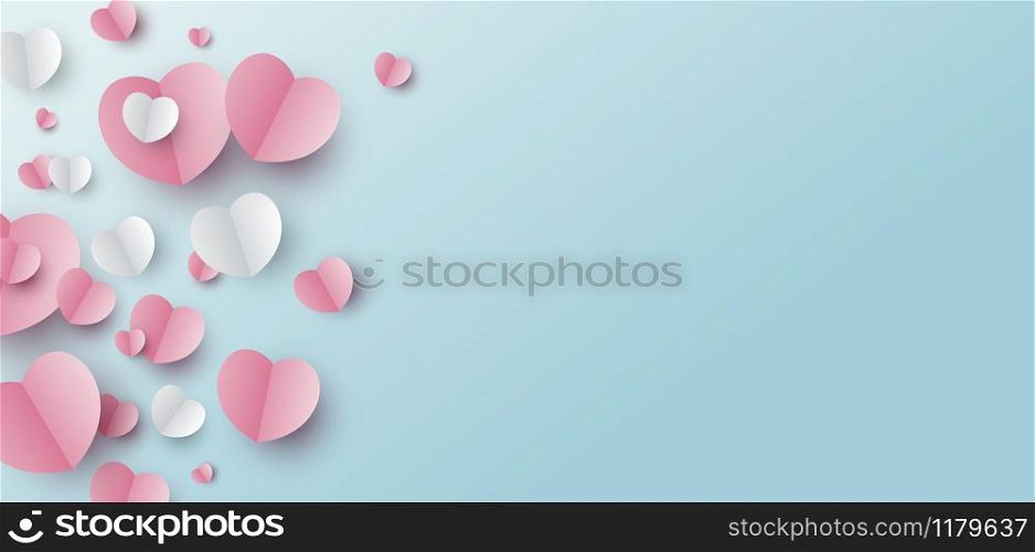 Valentines day banner design of paper hearts on blue background with copy space vector illustration