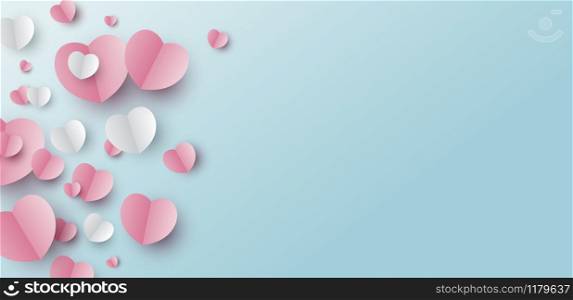 Valentines day banner design of paper hearts on blue background with copy space vector illustration