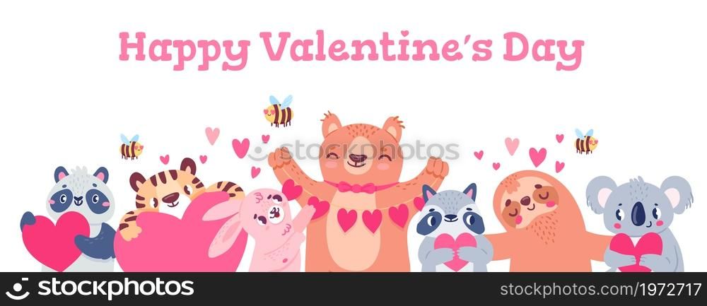 Valentines day banner with animals. Design with cute bear, panda, koala, bees and bunny holding hearts. Cartoon love holiday vector poster. Illustration valentine banner and card with animals in love. Valentines day banner with animals. Design with cute bear, panda, koala, bees and bunny holding hearts. Cartoon love holiday vector poster