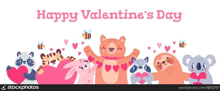 Valentines day banner with animals. Design with cute bear, panda, koala, bees and bunny holding hearts. Cartoon love holiday vector poster. Illustration valentine banner and card with animals in love. Valentines day banner with animals. Design with cute bear, panda, koala, bees and bunny holding hearts. Cartoon love holiday vector poster
