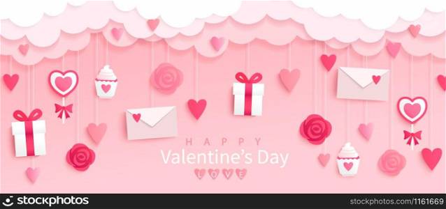 Valentines day banner with gifts,hearts,letters,flowers in pink background with wishing happy holiday, origami style.Template for flyer, invitation and greeting card for holiday.Vector illustration.. Valentines day banner with gifts,hearts,letters.