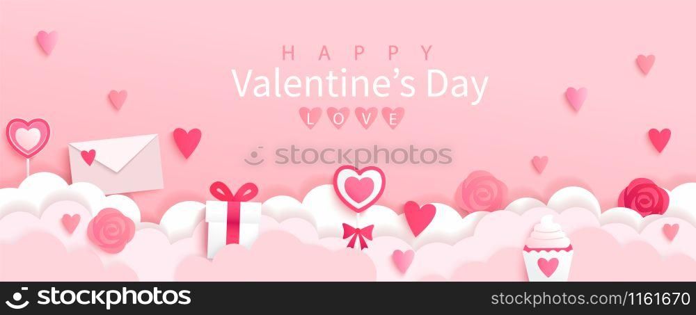 Valentines day banner with symbols of holiday-gifts,hearts,letters,flowers on pink background with wishing happy holiday, origami style.Template for flyer, invitation and greeting card for holiday.. Valentines day banner with symbols of holiday.