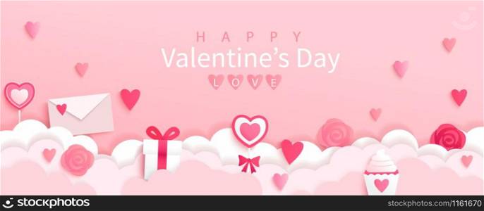 Valentines day banner with symbols of holiday-gifts,hearts,letters,flowers on pink background with wishing happy holiday, origami style.Template for flyer, invitation and greeting card for holiday.. Valentines day banner with symbols of holiday.
