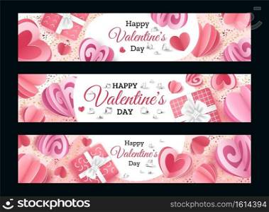 Valentines Day banners. Realistic romantic invitation or greeting cards. Decorative paper cut hearts and diamonds. Confetti and boxes for presents. Holiday posters with congratulation text, vector set. Valentines Day banners. Realistic romantic invitation or greeting cards. Paper cut hearts and diamonds. Confetti and boxes for presents. Posters with congratulation text, vector set