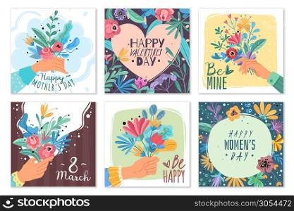 Valentines day bouquets. Mothers day holiday gift with flowers bunches, hands holding bouquets happy day romantic greeting vector spring floral frame cards. Valentines day bouquets. Mothers day holiday gift with flowers bunches, hands holding bouquets happy day romantic greeting vector cards