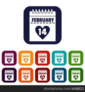 Valentines day calendar icons set vector illustration in flat style In colors red, blue, green and other. Valentines day calendar icons set flat