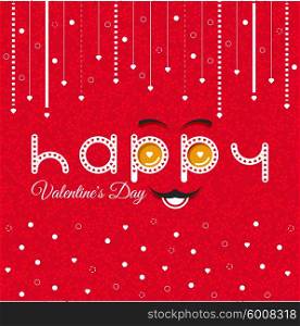 Valentines Day Card Lettering Red Frame. Text with smiley eyebrows and moustache. Valentines Day card lettering red background. 14 february holiday. Happy Valentines Day card love story. Greeting Card Valentines Day. Red glitter card vector