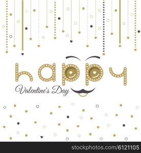 Valentines Day Card Lettering Red Frame. Text with smiley eyebrows and moustache. Valentines Day card lettering red background. 14 february holiday. Happy Valentines Day card love story. Greeting Card Valentines Day. Gold glitter card vector