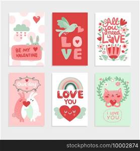 Valentines day card. Love pink design with heart, cute bird and happy rabbits, cat and romantic lettering vector greeting cards set. Romantic card valentine day, romance holiday illustration. Valentines day card. Love pink design with heart, cute bird and happy rabbits, cat and romantic lettering vector greeting cards set