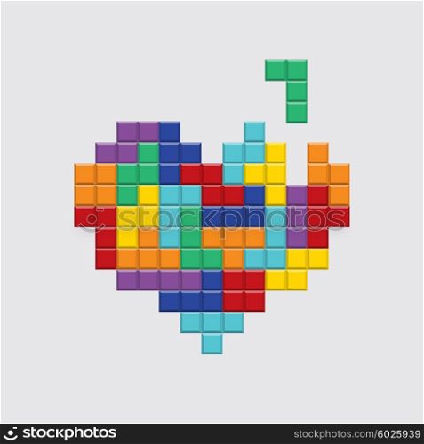 Valentines day card. Video game pixel colorful heart. Retro vintage design. Editable vector.