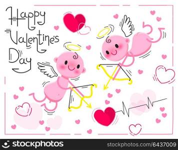 Valentines Day card with cute cupids and hearts on a white background. Vector illustration.. Valentines Day card with cute cupids and hearts on a white background. Vector illustration
