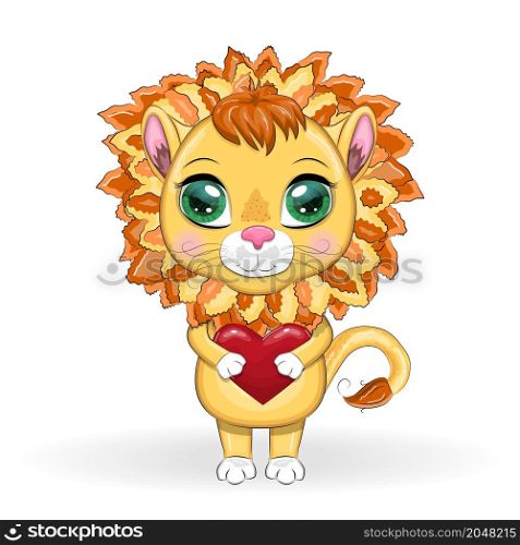 Valentines day card with cute lion with heart. Concept for children print, invite.. Hand drawn Valentines day card with cute lion with heart, quote Love you forever.