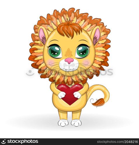 Valentines day card with cute lion with heart. Concept for children print, invite.. Hand drawn Valentines day card with cute lion with heart, quote Love you forever.