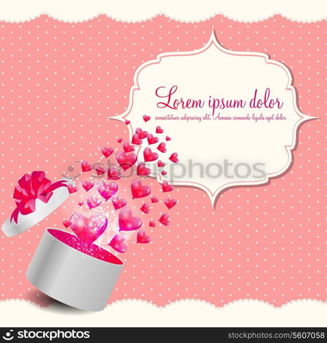 Valentines Day Card with Gift Box and Heart Shaped Balloons, Vector Illustration