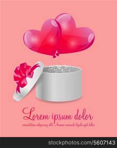 Valentines Day Card with Gift Box and Heart Shaped Balloons, Vector Illustration