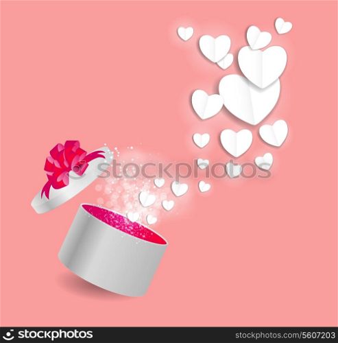 Valentines Day Card with Gift Box and Heart Shaped Balloons, Vector Illustration