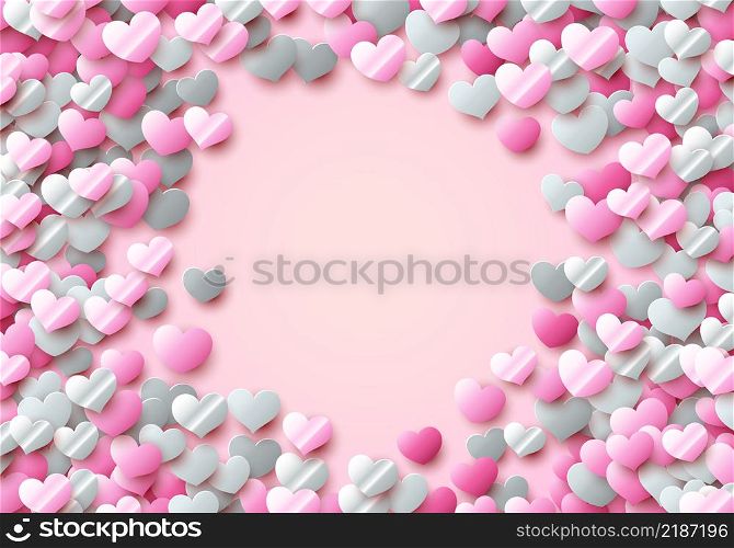 Valentines Day card with scattered colorful foil hearts for showing love to your partner, greeting or invitation to February, 14 or wedding celebration