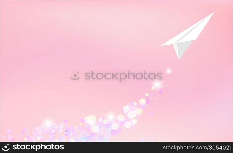 Valentines Day card with white plane and glittering sparkles on soft pink background. Vector design template.