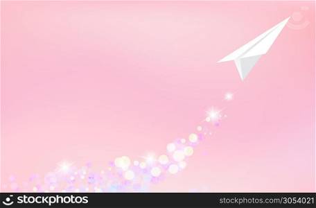 Valentines Day card with white plane and glittering sparkles on soft pink background. Vector design template.