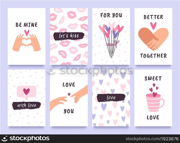 Valentines day cards and prints with hands of couple, hearts and kisses. Cute love gift tags with quotes. Happy valentine design vector set. Romantic event celebration greeting cards. Valentines day cards and prints with hands of couple, hearts and kisses. Cute love gift tags with quotes. Happy valentine design vector set