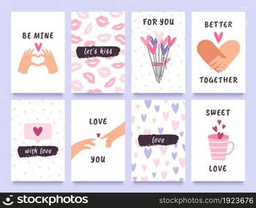 Valentines day cards and prints with hands of couple, hearts and kisses. Cute love gift tags with quotes. Happy valentine design vector set. Romantic event celebration greeting cards. Valentines day cards and prints with hands of couple, hearts and kisses. Cute love gift tags with quotes. Happy valentine design vector set