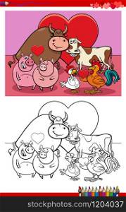 Valentines Day Cartoon Illustration of Animal Couples in Love Coloring Book Page