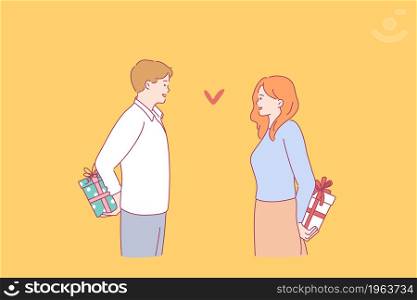 Valentines day celebrating and surprise concept. Young smiling couple man and woman standing opposite each other hiding holiday gift boxes over backs vector illustration . Valentines day celebrating and surprise concept