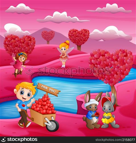 Valentines Day celebration by the river bank and pink field