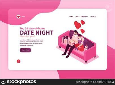 Valentines day celebration stay home dating night gifts ideas isometric horizontal web banner landing page vector illustration