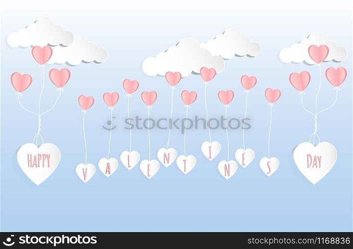 Valentines day concept background. Vector illustration. Pink paper hearts fly with white paper heart on blue sky and cloud. Cute love sale banner or greeting card