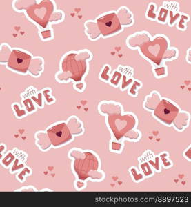 Valentines day concept seamless pattern with vector cute cartoon stickers, letters with wings and air balloons. Pink background for wrapping paper and gift boxes. Valentines day concept seamless pattern with vector cute cartoon stickers, air balloons and letters. Pink background for wrapping paper and gift boxes