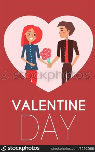 Valentines Day conceptul poster with dating couple, male presents flowers to female, flirting lover together vector banner in heart shape frame. Valentines Day Conceptul Poster with Dating Couple