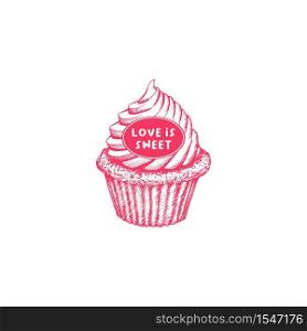Valentines Day Cupcake Greeting Card or Poster with Sketch. Laser Cutting File Isolated on White Background. Vector Engraved with Lettering Wishes Love Is Sweet. Valentines Day Cupcake Greeting Card or Poster with Sketch. Laser Cutting File Isolated on White Background.