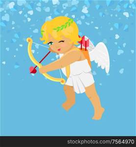 Valentines Day, Cupid aiming with bow, heart with arrow. Little boy with wings isolated on blue vector cartoon. Festive card with angle and hearts. Valentine Blue Card, Cupid Aiming with Bow Vector