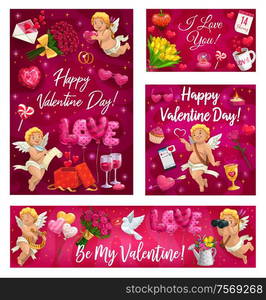 Valentines day cupids, lettering. Vector symbols of love, cupid angel, luxury flower bouquets and air balloons. Doves and open box with hearts, wine glasses, raspberry and golden ring. Valentines day cupids with greetings, gifts