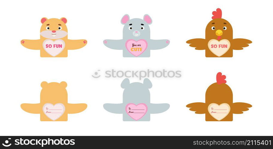 Valentines Day cute animal gift cards candy holder cards for kids. Great gift option school classroom prizes, gift exchange, Valentine party favors, love notes and more. Vector stock illustration