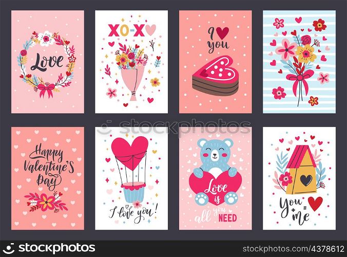 Valentines day cute romantic lovely elements greeting cards. Heart shapes, gifts and flowers romantic posters vector illustration set. Happy valentines day decorations cards with flowers and cake. Valentines day cute romantic lovely elements greeting cards. Heart shapes, gifts and flowers romantic posters vector illustration set. Happy valentines day decorations cards