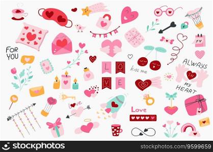 Valentines day cute set in flat cartoon design. Bundle of heart, cup, sleep mask, padlock, glasses, cupid arrow, gift, candy, cherry, calendar, flower and other. Vector illustration isolated elements