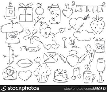 Valentines day doodle set isolated on white background. Clip art cute romantic elements. Love objects and symbols sketch. Ink hand drawn collection, vector illustration. Valentines day doodle set isolated on white background