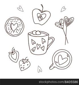 Valentines day doodle set of vector cartoon heart shape food and drink. Cappuccino, donut , strawberry, hot chocolate with marshmallows, lollipop, apple. 