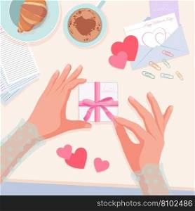 Valentines day female hands hold a gift Royalty Free Vector
