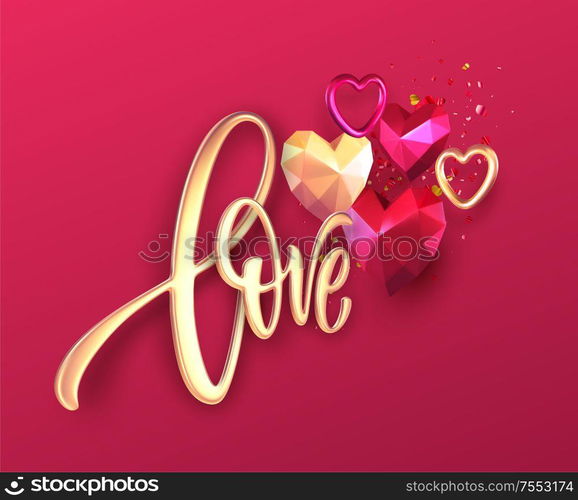 Valentines Day festive background with realistic metallic gold and red ruby low poly heart. Golden Lettering Love on red background. Vector illustration EPS10. Valentines Day festive background with realistic metallic gold and red ruby low poly heart. Golden Lettering Love. Vector illustration