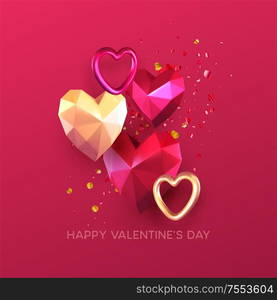 Valentines Day festive background with realistic metallic gold and red ruby low poly heart. Lettering Happy Valenetin day. Vector illustration. Valentines Day festive background with realistic metallic gold and red ruby low poly heart. Lettering Happy Valenetine day. Vector illustration