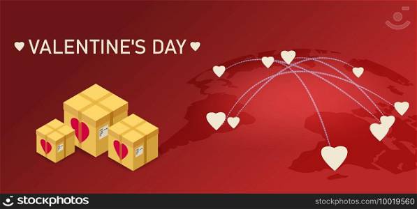 Valentines day gift boxes delivery, map Earth delivery tracking logistics cargo. Valentines day gift boxes delivery, map Earth delivery tracking logistics cargo. Vector isolated illustration template